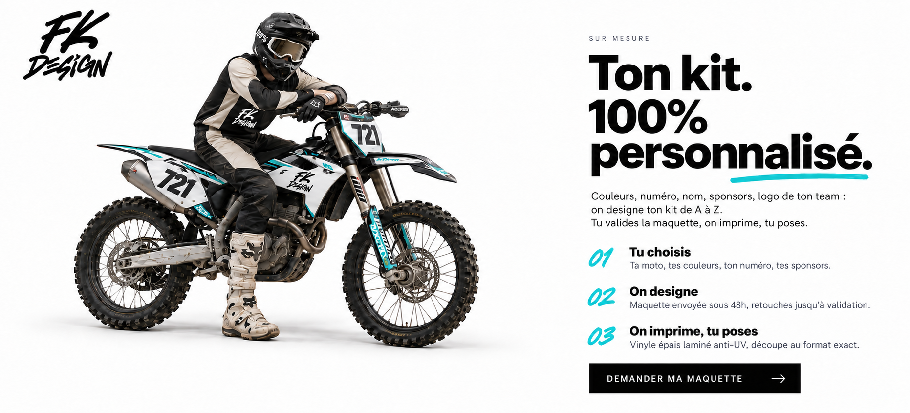FK DESIGN — pilote détendu sur sa moto, kit 100 % personnalisé. Demander ma maquette.